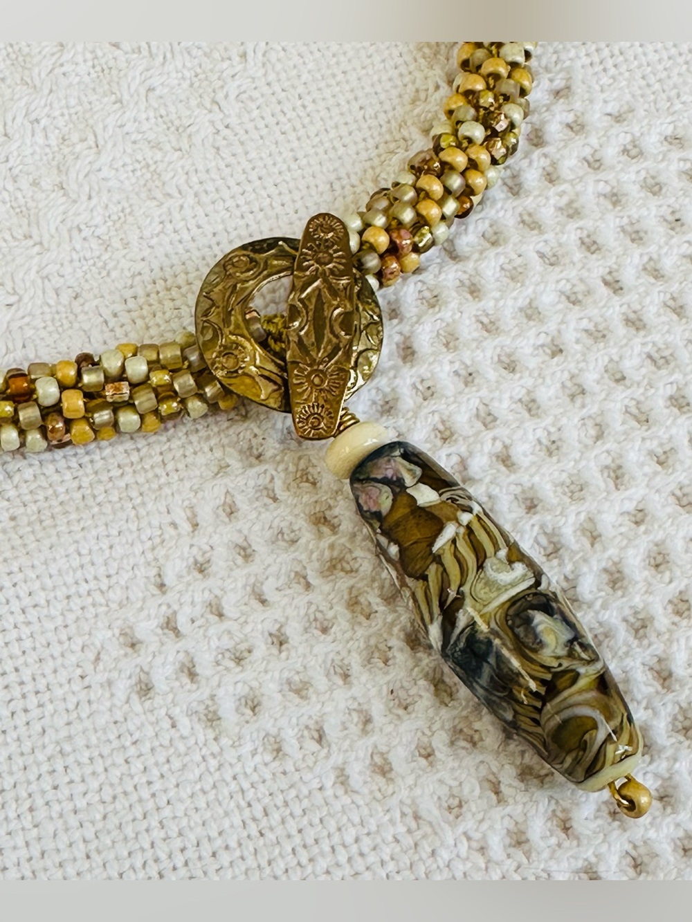 Artisan Beaded Crochet Rope Necklace Tubular Lampwork Glass Pendant-Earthy Boho